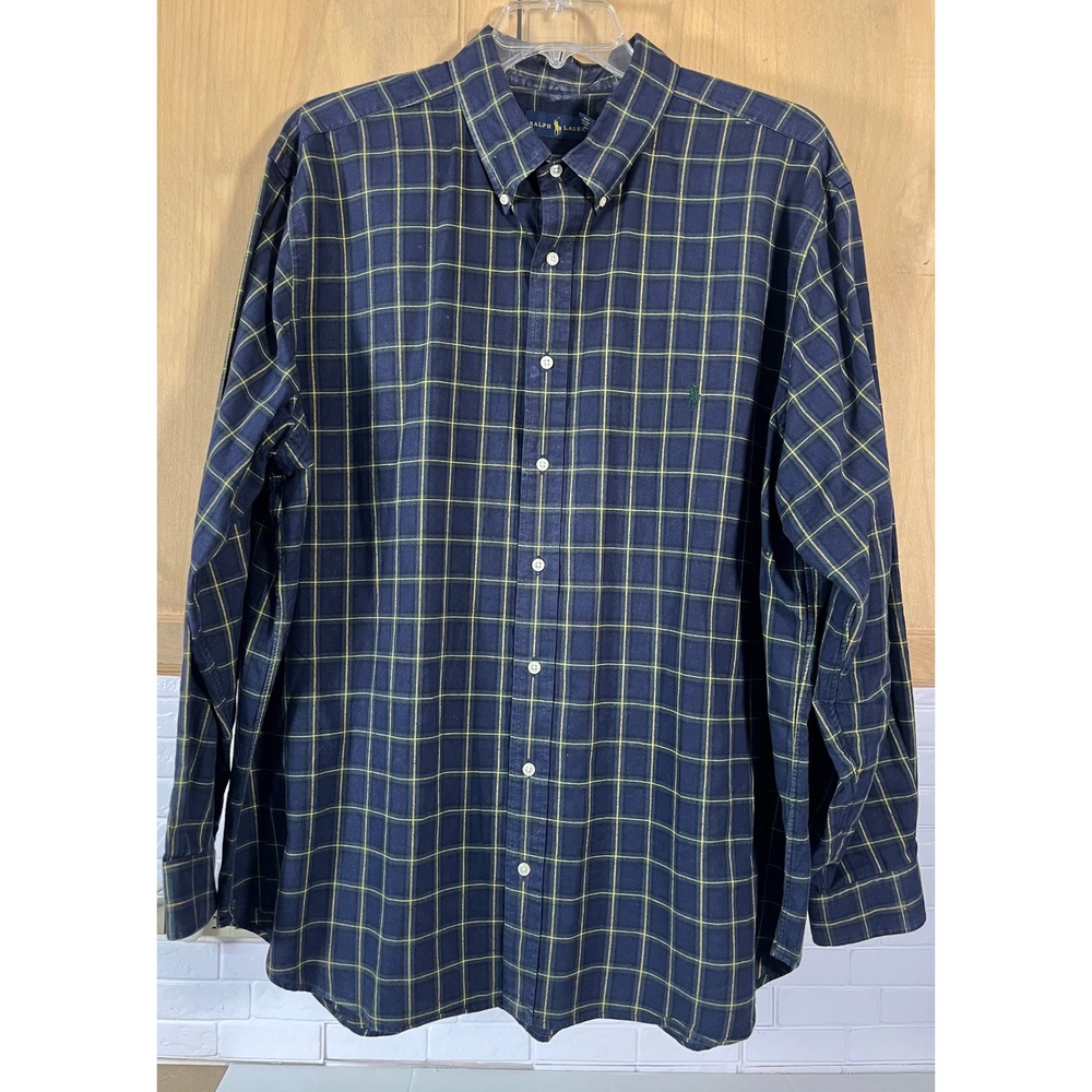 Ralph Lauren Button Down Shirt Mens 2XB Blue Yellow Plaid Long Sleeve Pony Logo